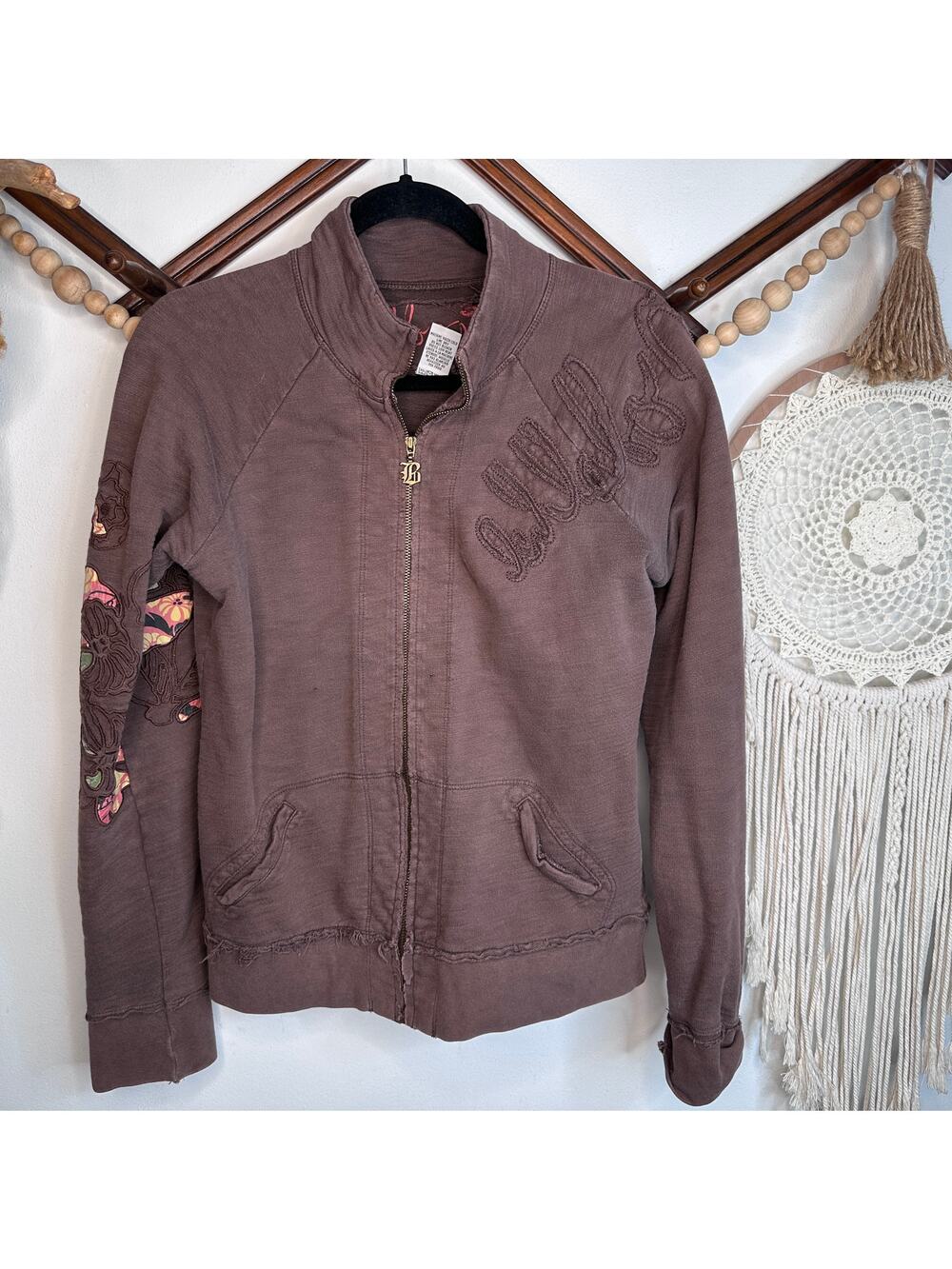 Billabong Brown Floral Embroidered Full Zip Jacket